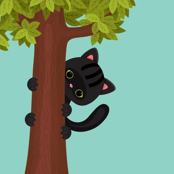 Ağaç üzerindeki siyah yavru kedi. vektör karikatür çizim — Stok Vektör