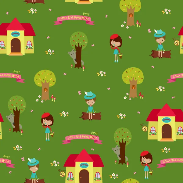 Seamless wallpaper design. Fairy tale Little Red Riding Hood — Stock Vector
