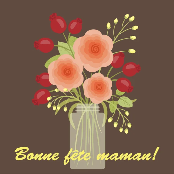 Glad mors dag blommor kort med fransk text — Stock vektor