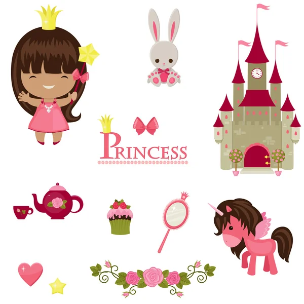 Prinses, unicorn, kasteel en andere ontwerpelementen die Prinses — Stockvector