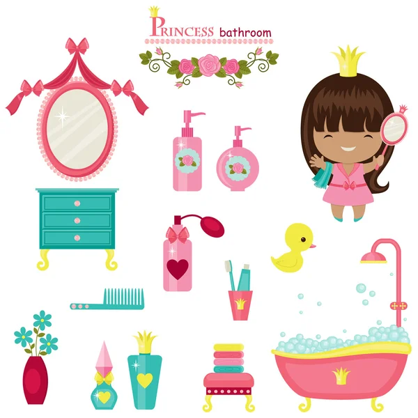 Princess bathroom collection. Isolated cute vector icons over wh — Stock Vector
