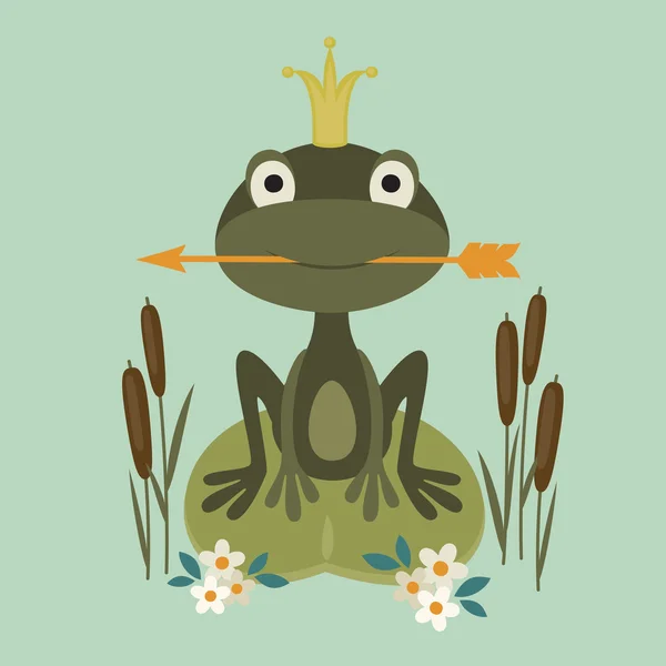 Illustration of a smiling princess frog sitting in the lake and — Stock Vector