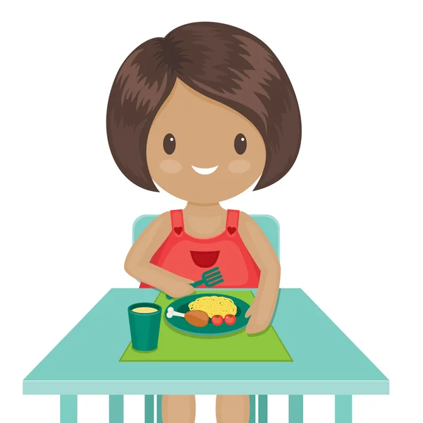 小さな女の子は彼女の夕食を食べています。ベクトル イラスト — ストックベクタ