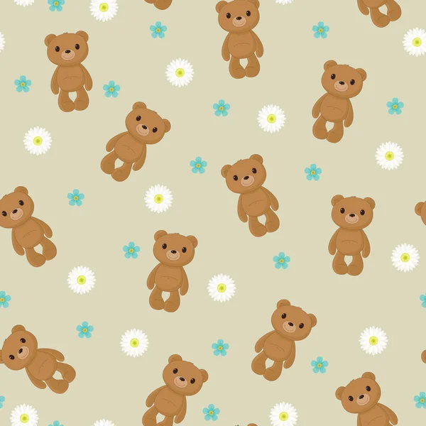 Seamless wallpaper with cute teddy bear on floral background — Stock Vector