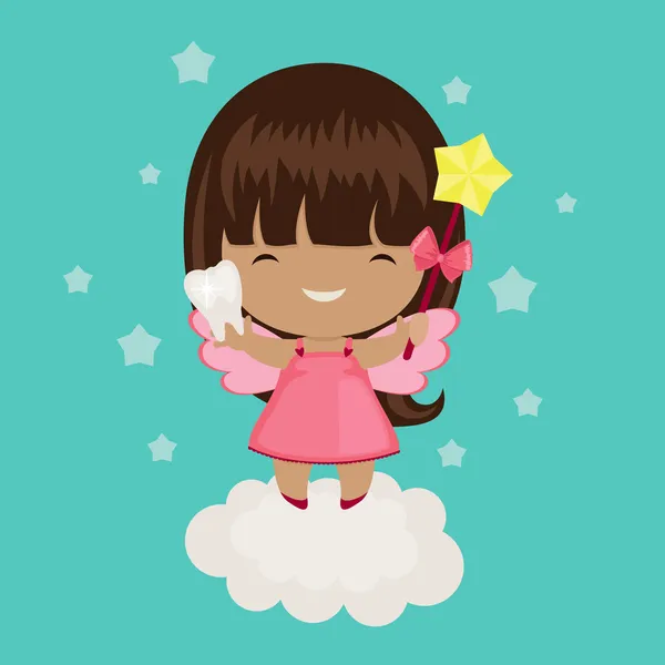 Cute little tooth fairy on a cloud. Holds a tooth and wand — Stock Vector