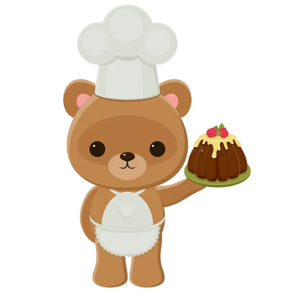 Cook teddy bear holding a cake — Stock Vector