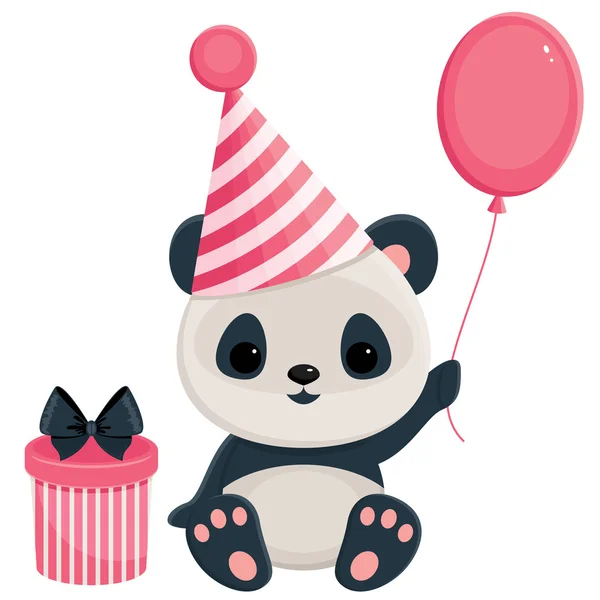 Panda d'anniversaire avec boîte cadeau et ballon — Image vectorielle