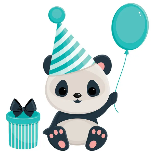 Aniversário panda com caixa de presente e balão . — Vetor de Stock