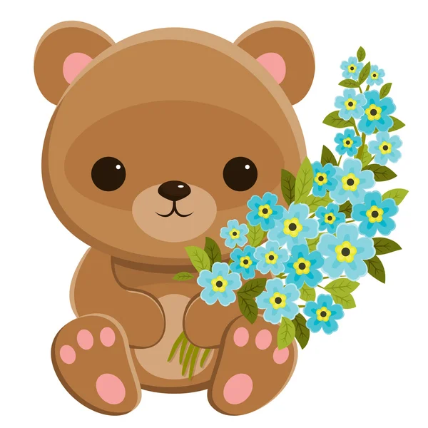 Oso de peluche marrón con flores azules. Aislado sobre blanco — Vector de stock