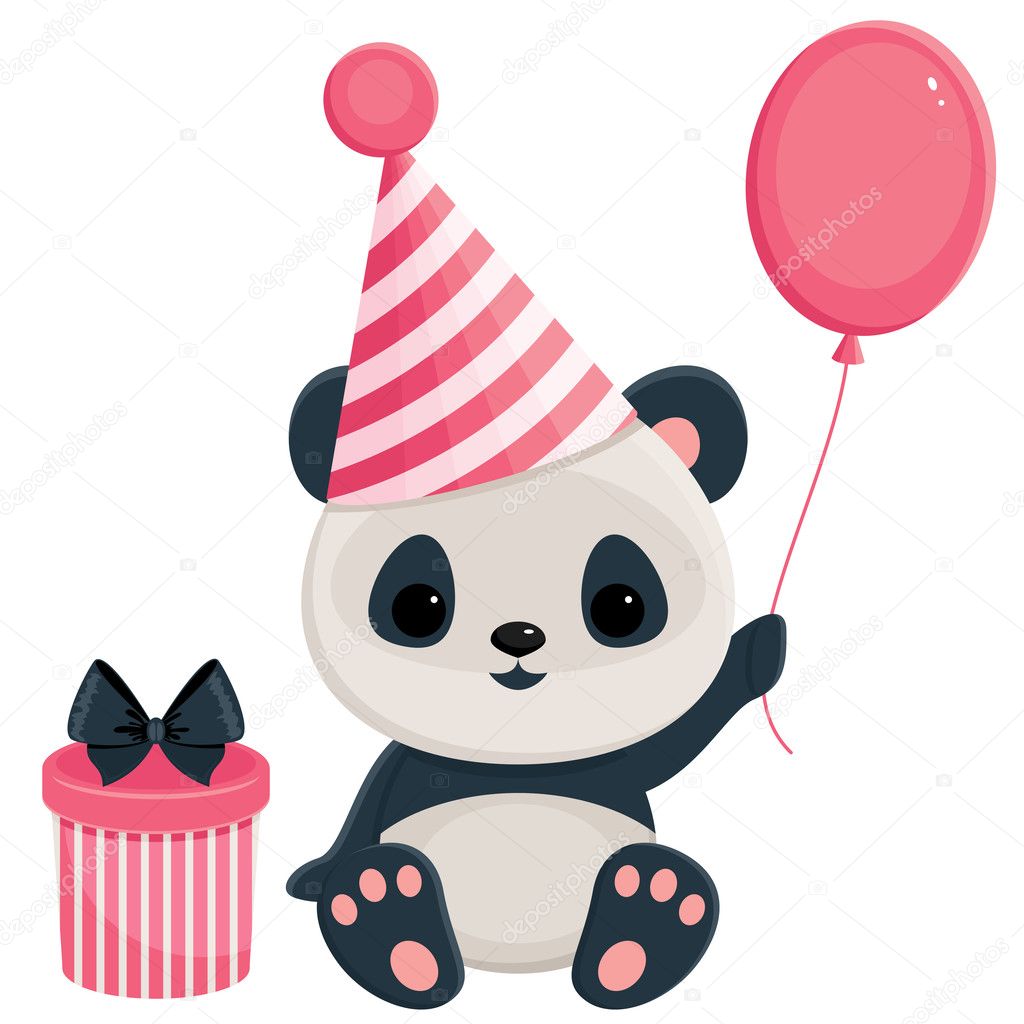 Birthday panda with gift box and balloon