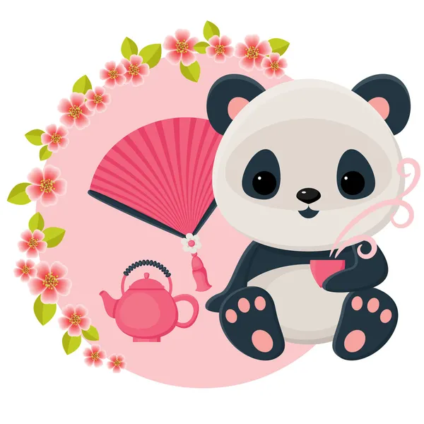 Baby panda sta bevendo tè orientale. Illustrazione del cartone animato vettoriale — Vettoriale Stock