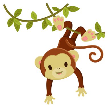 Cute cartoon monkey hanging on a liana. Vector clip art illustra