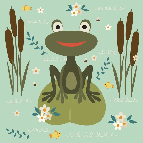 Cute cartoon frog sitting on a leaf on the lake. — Stock Vector