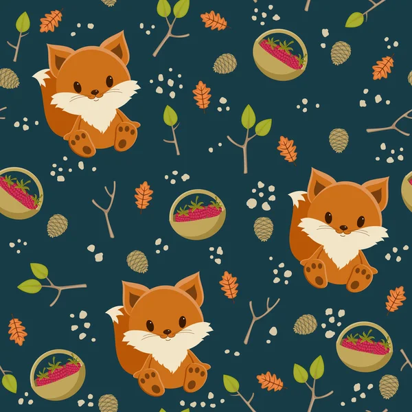 Seamless wallpaper. Baby fox with a basket of raspberry in a for — Stock Vector