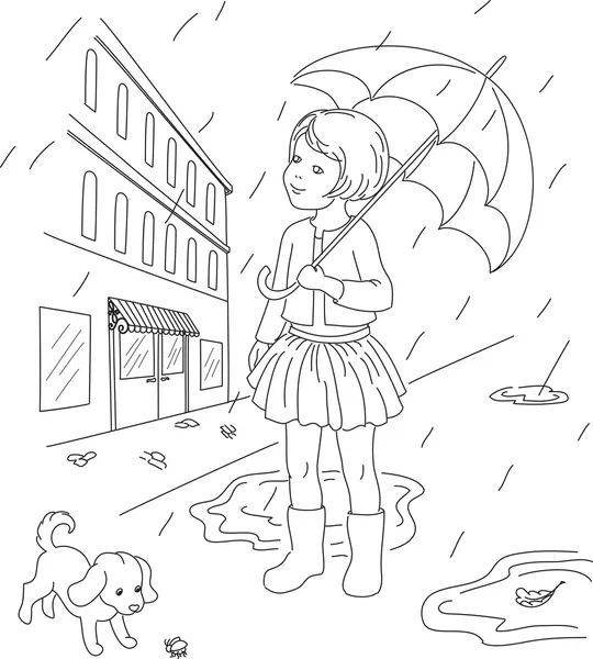 Outlined illustration of a little girl with her dog outside. Rai — Stock Vector