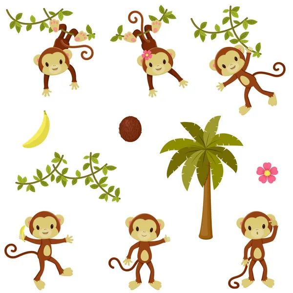 Happy funny monkeys set. Isolated over white — Stock Vector