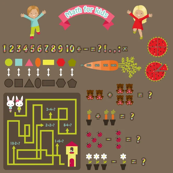 Mathematik für Kinder. bunte niedliche Web-Icons für Spiele — Stockvektor