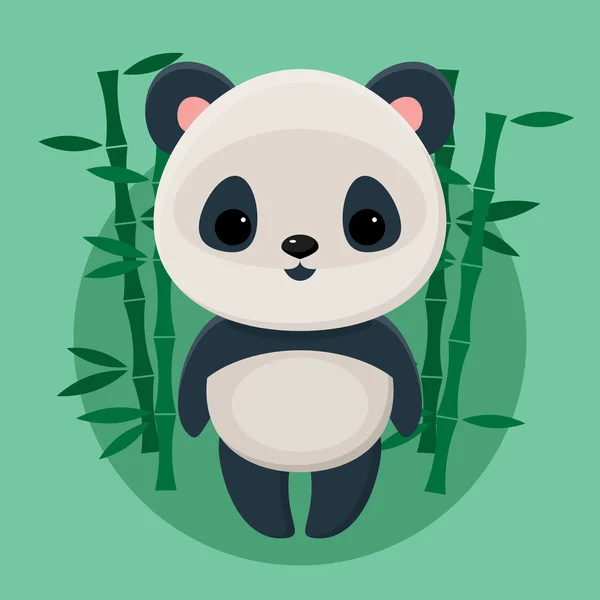 Lindo panda parado frente a bambúes sobre fondo verde — Vector de stock