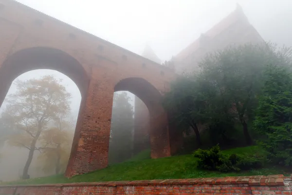 Paisagem nebulosa do castelo e da catedral de Kwidzyn — Fotografia de Stock