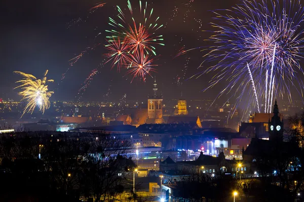 Fireworks display of New Years Eve in Gdansk — Stock Photo, Image