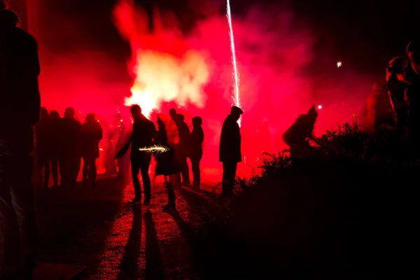 Silhouette of with fireworks — Stock Photo, Image