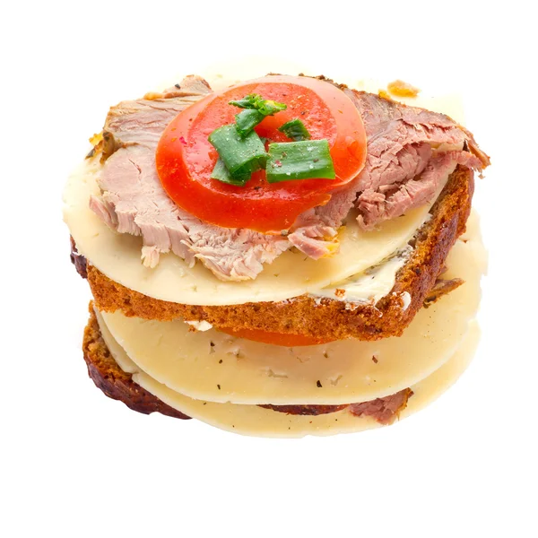 Sandwich with roast pork, cheese and tomato — Stock Photo, Image