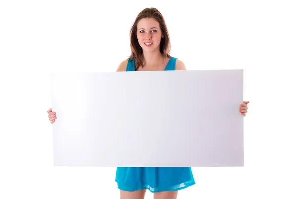 Beautiful brunette holding empty white board — Stock Photo, Image