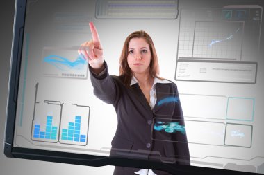 iş kadını tarafından dokunmadan futuristik bir arayüze ekran