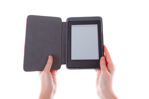 Lector de libros electrónicos en las manos con pantalla en blanco — Foto de Stock