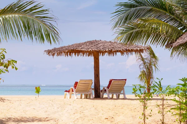 Parasol et chaises longues à la mer — Photo