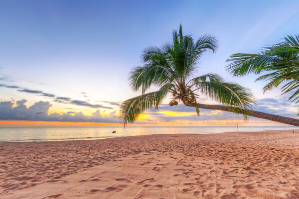 Tropical beach scenery with parasol and deck chairs in Thailand