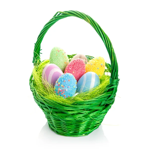 Colorful Easter eggs in the basket — Stock Photo, Image