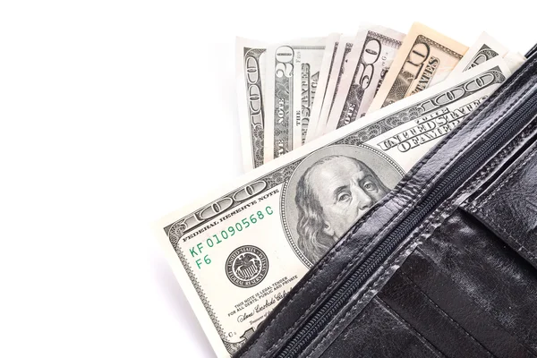 siyah deri cüzdan ve para.