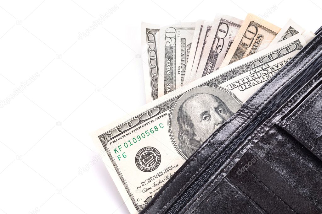 Black leather wallet with money