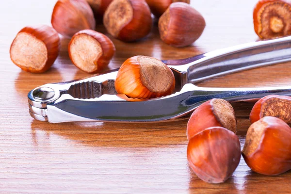 Hazelnuts with nutcracker — Stock Photo, Image