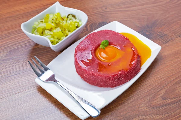 Tasty steak tartare on the plate — Stock Photo, Image