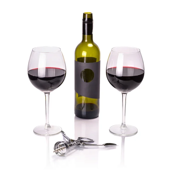 Gözlüklü şişe kırmızı şarap — Stok fotoğraf