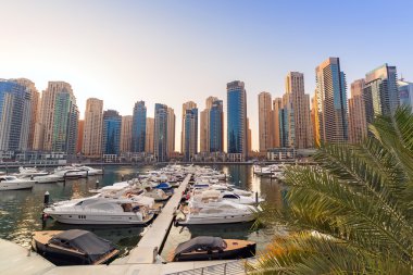 dubai Yat Limanı günbatımında toplayan şehir