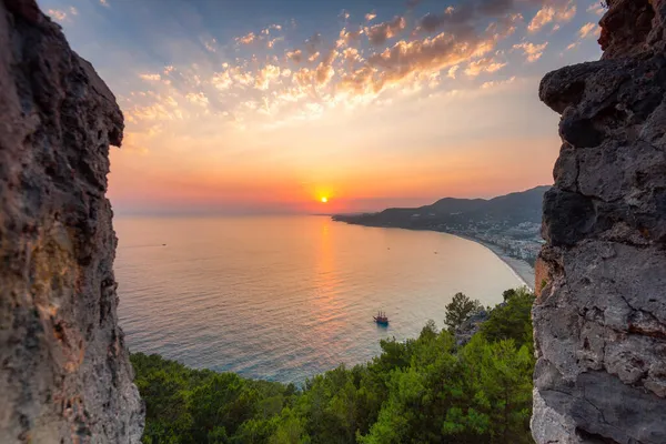 Belo Pôr Sol Castelo Alanya Junto Mar Mediterrâneo Turquia — Fotografia de Stock