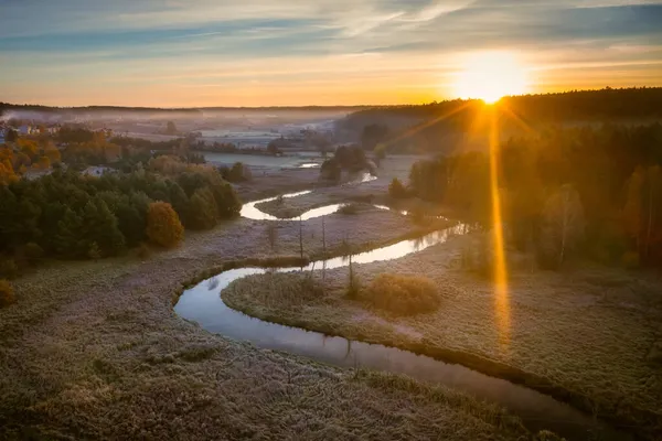 Radunia Rivier Meandert Het Herfstlandschap Voor Zonsopgang Kashubia Polen — Stockfoto