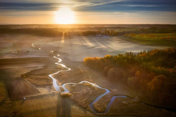 Letecká Krajina Zvrácené Řeky Radunie Podzimní Les Kašubii Polsko — Stock fotografie
