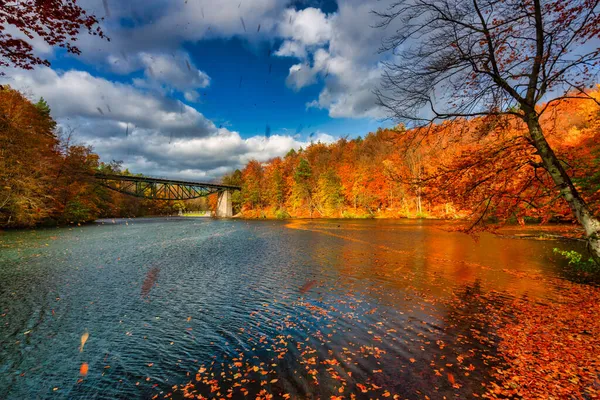 Herbstliche Landschaft Und Die Eisenbahnbrücke Rutki Kaschubia Polen — Stockfoto