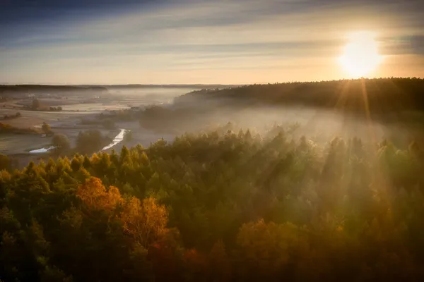 Raduniafloden Slingrar Sig Höstlandskapet Före Soluppgången Kashubia Polen — Stockfoto
