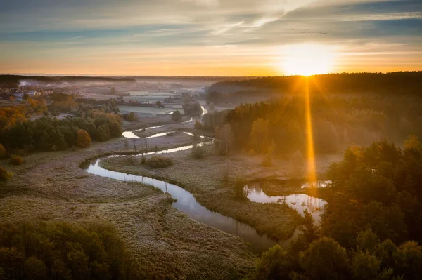 Río Radunia Serpentea Paisaje Otoñal Amanecer Kashubia Polonia — Foto de Stock