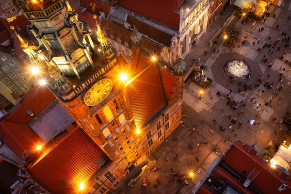 Gdansk Taki Eski Kasabanın Hava Manzarası Alacakaranlıkta Polonya — Stok fotoğraf