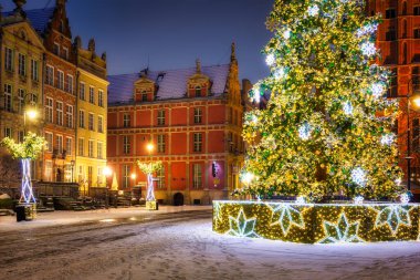 Eski Gdansk kasabasındaki güzel Noel ağacı kış gecesinde. Polonya