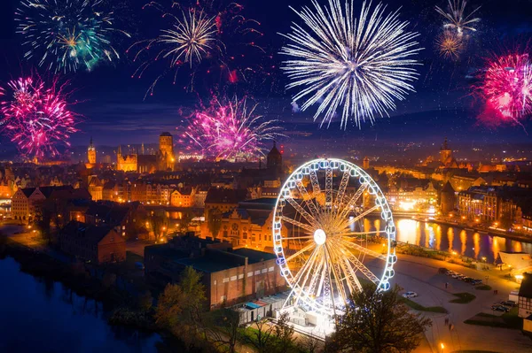 Vuurwerk Boven Oude Stad Gdansk Polen — Stockfoto