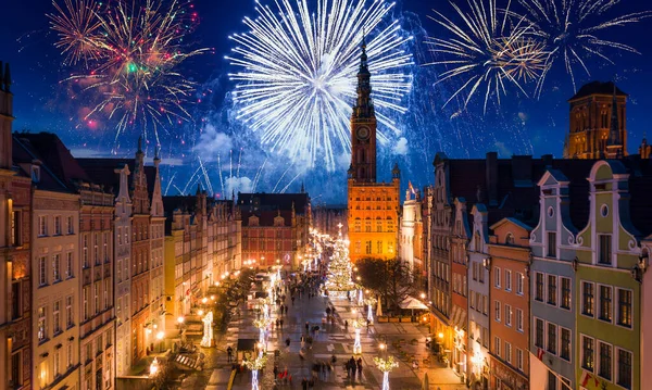 Exposición Fuegos Artificiales Sobre Casco Antiguo Gdansk Polonia — Foto de Stock