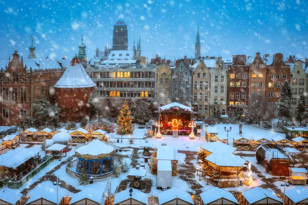 Feira Natal Bonita Cidade Velha Gdansk Amanhecer Nevado Polônia — Fotografia de Stock