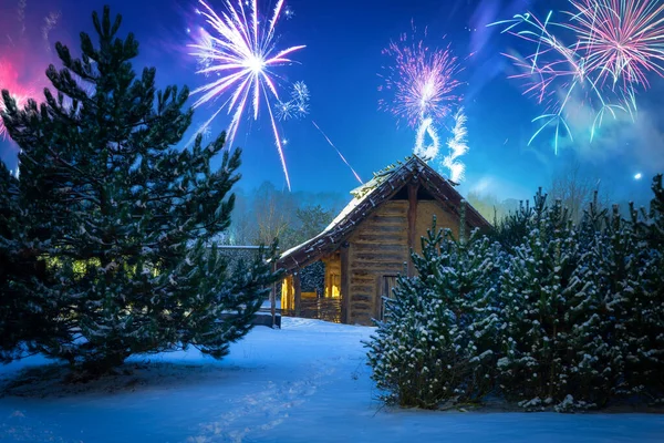 New Year Eve Fireworks Display Winter Hut Woods — стоковое фото